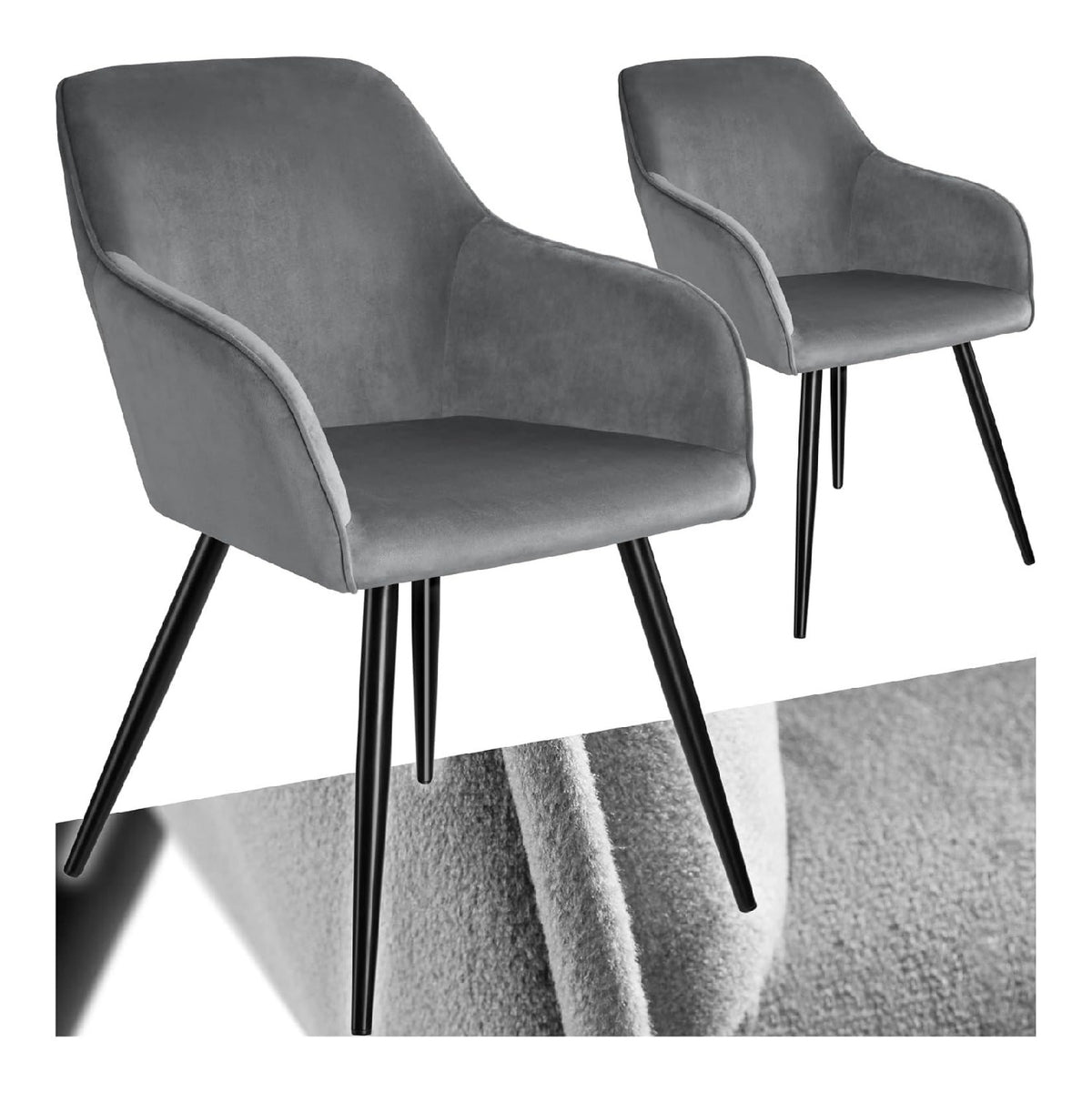 2er Set Esszimmer Stuhl, Esszimmerstuhle mit Sitzflache aus Samt, Armlehnstuhl, Sessel Wohnzimmer, gepolsterter Burostuhl, Schminktisch Stuhl, gemutlicher Kuchenstuhl - grau/schwarz