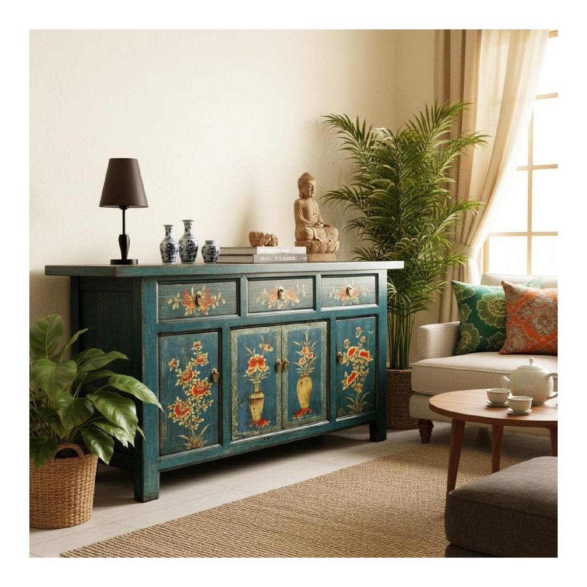 Chinesisches Sideboard blau Kommode Schrank Buffet Anrichte asiatisch orientalisch Vintage Shabby Chic