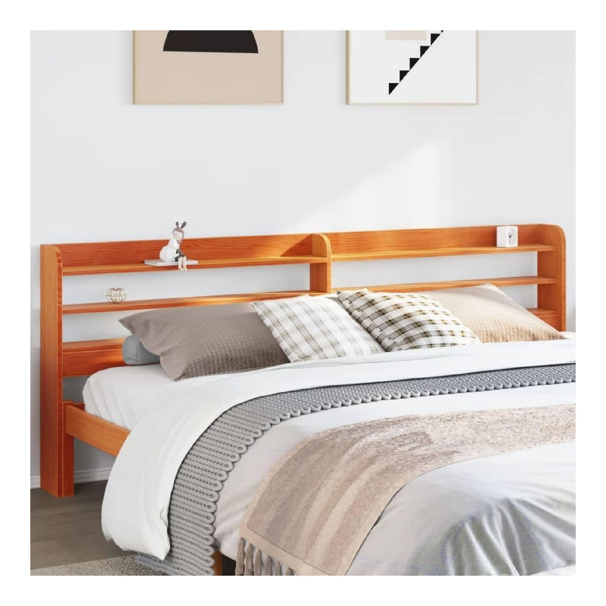Kopfteil mit Ablagen Wachsbraun 200 cm, Massivholz Kiefer, freistehend, Nachttisch-Alternative, Schlafzimmer-Mobel