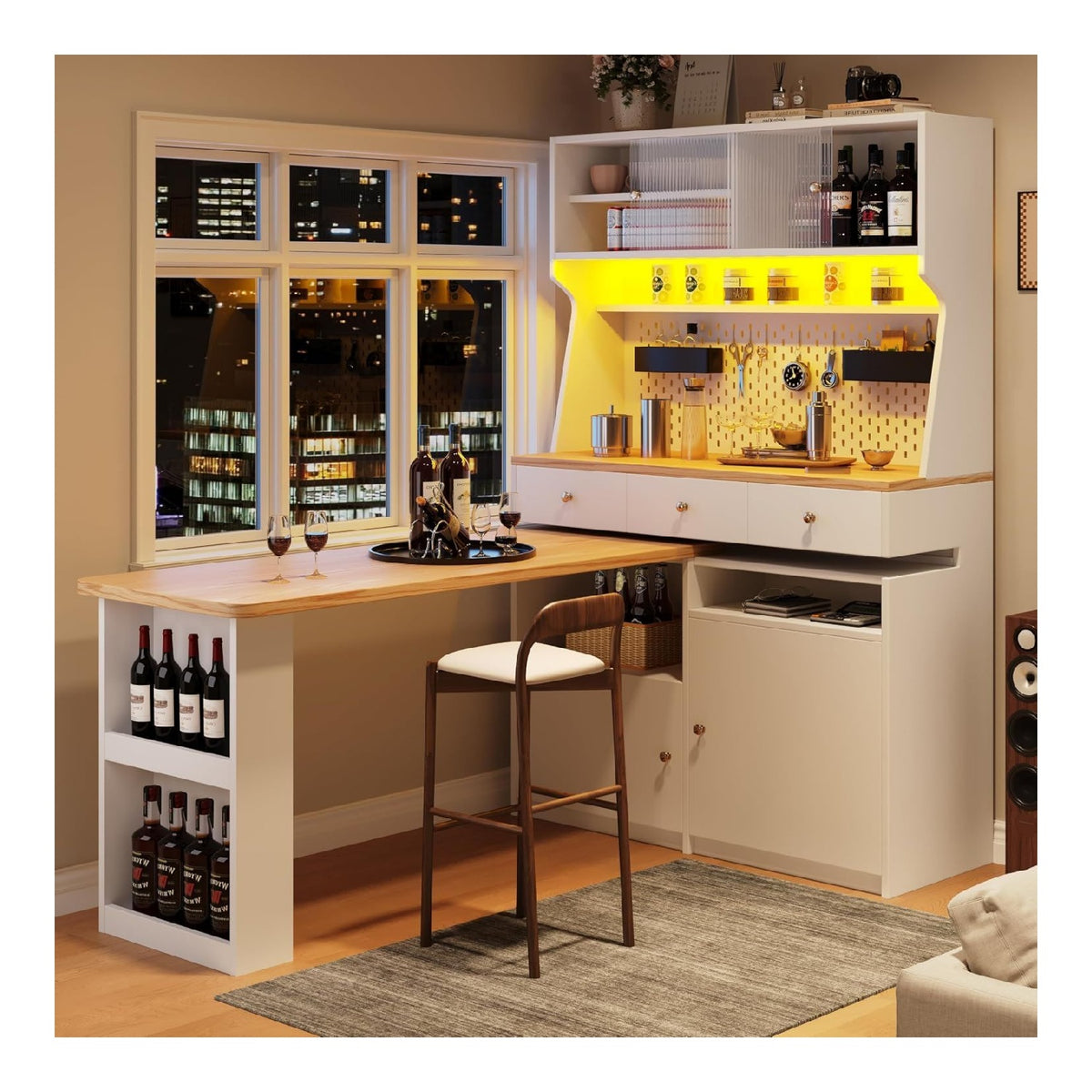 Buffetschrank, Kuchenschrank mit Arbeitsplatte, 90 drehbar Kuchentheke Hochtisch Essbar, Mehrzweckbuffet, Aufbewahrungsschrank mit Zwei Turen und DREI Schubladen, wei , 137x45x178 cm